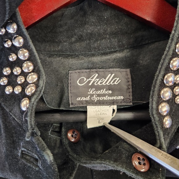 Vintage Arella Studded Suede Western‎ Duster Coat Dress Women's L Black Leather - Picture 4 of 12